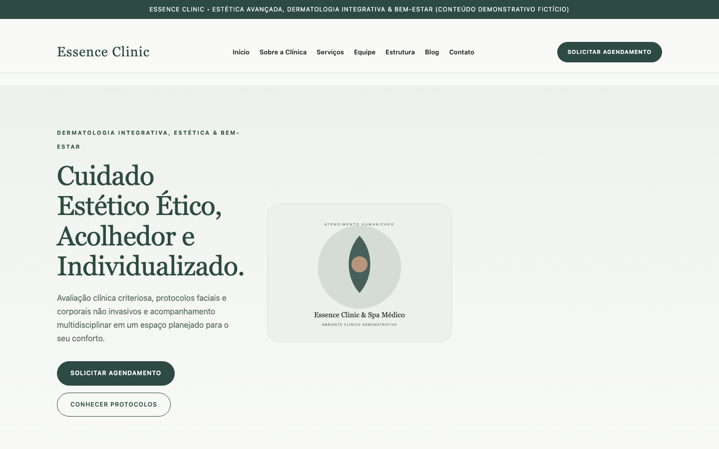 Apresentação do modelo Essence Clinic — Clínica de Estética e Bem-Estar